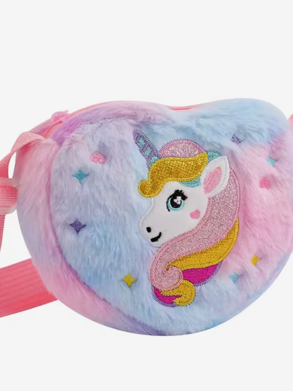 Plush Unicorn Heart Crossbody Bag - Pastel Rainbow Pink Blue